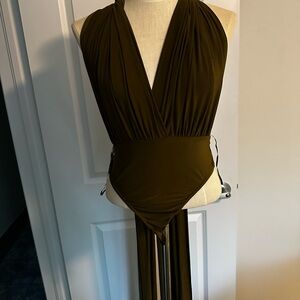Elegant Olive Green Wrap Bodysuit with Multiple Ways to Wear - Meshki